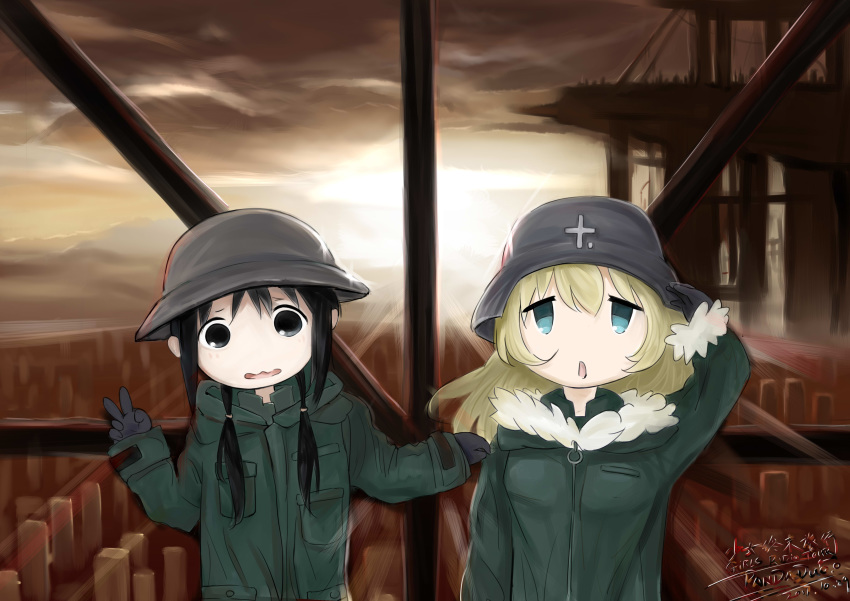 :o absurdres black_eyes black_hair blonde_hair blue_eyes brodie_helmet chito_(shoujo_shuumatsu_ryokou) fur_trim gloves helmet highres long_hair military military_uniform multiple_girls pandaduo salute shoujo_shuumatsu_ryokou stahlhelm uniform v yuuri_(shoujo_shuumatsu_ryokou)