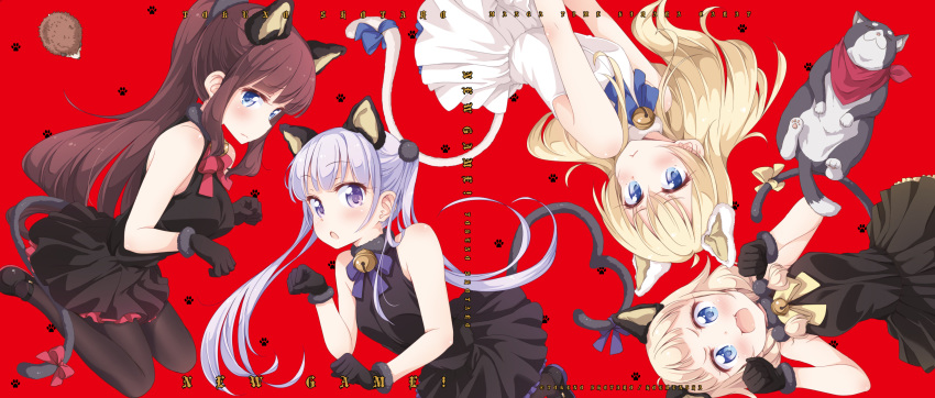 absurdres animal animal_ears bell black_dress black_footwear blonde_hair blue_eyes blush brown_hair cat cat_ears cat_tail copyright_name dress eyebrows_visible_through_hair fang hedgehog high_ponytail highres lavender_hair long_hair looking_at_viewer mary_janes mozuku_(new_game!) multiple_girls new_game! non-web_source official_art pantyhose paw_pose paw_print purple_eyes red_background ribbon sakura_nene scarf shoes simple_background sleeveless sleeveless_dress soujirou_(new_game!) suzukaze_aoba tail tail_ribbon takimoto_hifumi tokunou_shoutarou twintails white_dress yagami_kou