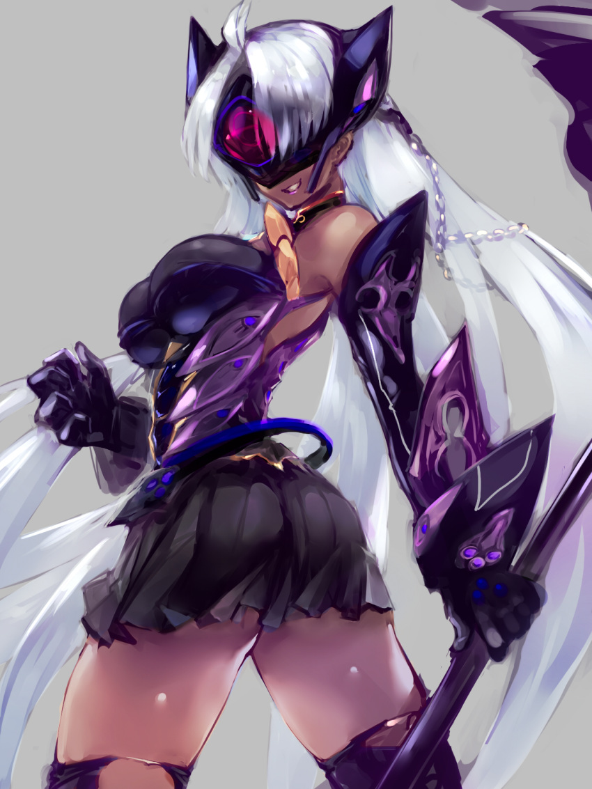 ass blue_eyes breasts cyborg dark_skin forehead_protector glasses gloves highres large_breasts long_hair looking_at_viewer mask negresco skirt solo t-elos t-elos_re tan thighhighs xenoblade_(series) xenoblade_2 xenosaga xenosaga_episode_iii
