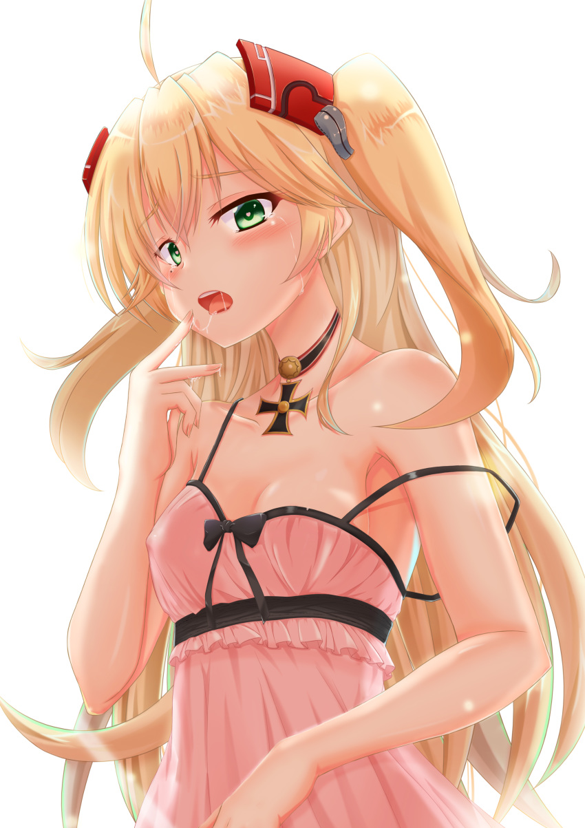 absurdres admiral_hipper_(azur_lane) ahoge alternate_costume armpits as azur_lane babydoll bangs bare_shoulders blonde_hair blush breasts choker cleavage collarbone covered_nipples crying crying_with_eyes_open eyebrows_visible_through_hair green_eyes hair_between_eyes headgear heart heart-shaped_pupils highres iron_cross long_hair looking_at_viewer mole mole_under_eye open_mouth pink_babydoll saliva saliva_trail simple_background small_breasts solo strap_slip symbol-shaped_pupils tears two_side_up very_long_hair white_background
