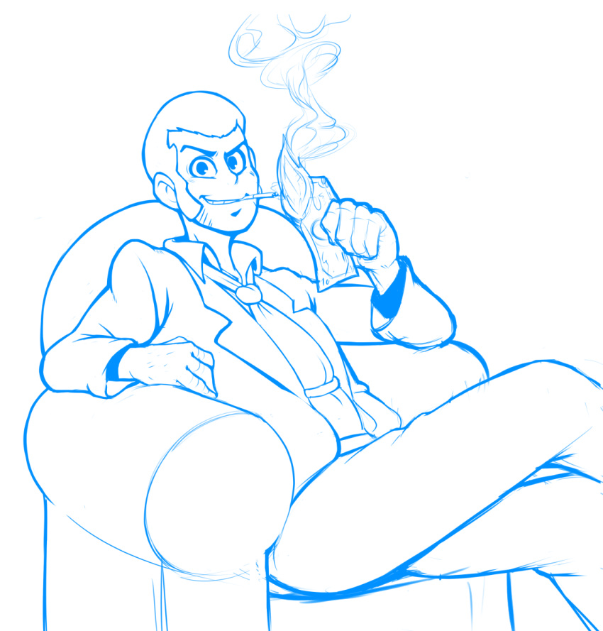 armchair arsene_lupin_iii blue chair cigarette crossed_legs drawfag fire flame formal grin highres lineart looking_at_viewer lupin_iii male_focus money monochrome necktie sideburns sitting smile smoke solo suit