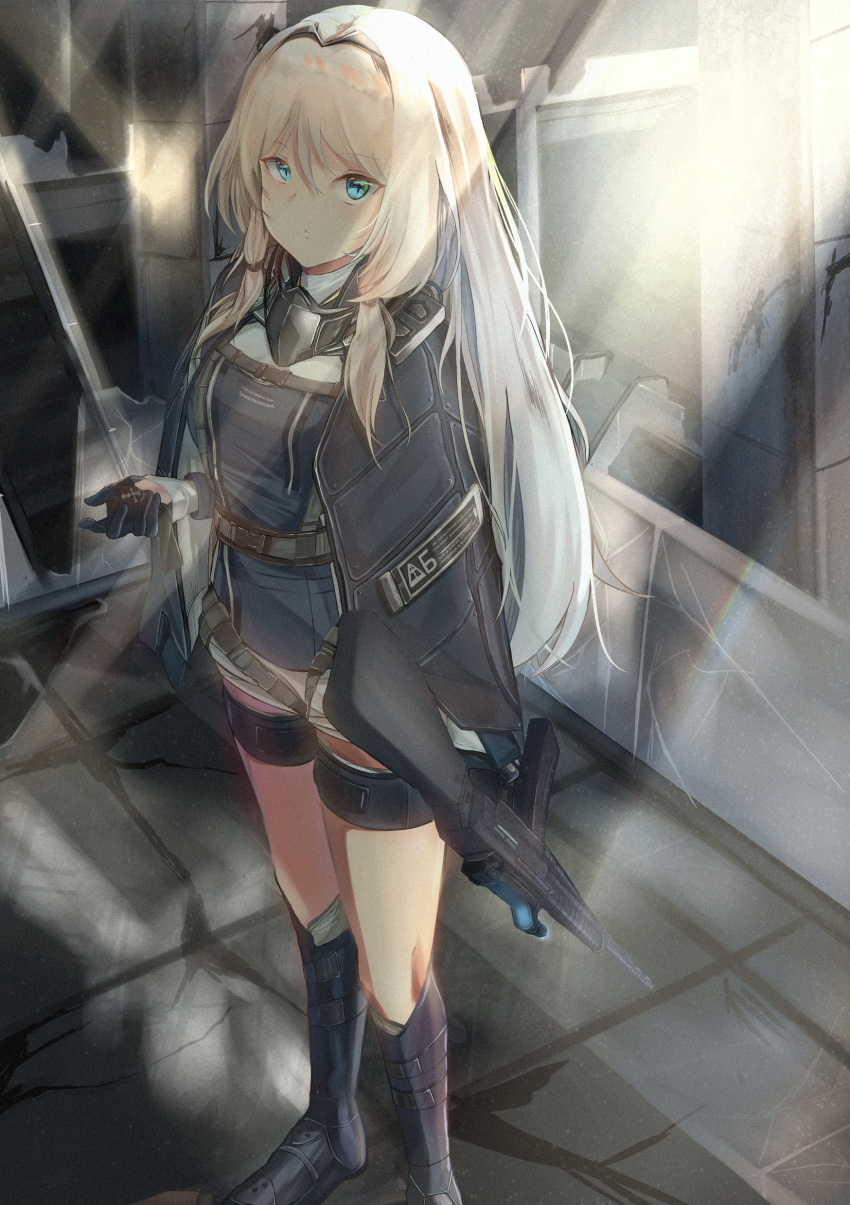 absurdres an-94 an-94_(girls_frontline) assault_rifle bangs black_gloves blonde_hair blue_eyes blush boots braid breasts broken_glass buckle cloak closed_mouth commentary eyebrows_visible_through_hair girls_frontline glass gloves gun hair_between_eyes hair_ribbon hairband highres holding jacket knee_boots light_rays long_hair long_sleeves looking_at_viewer multiple_straps parted_lips ribbon rifle ruins septet_(zrca_janne) shattered short_shorts shorts sidelocks silver_hair tactical_clothes thigh_strap thighs tress_ribbon weapon