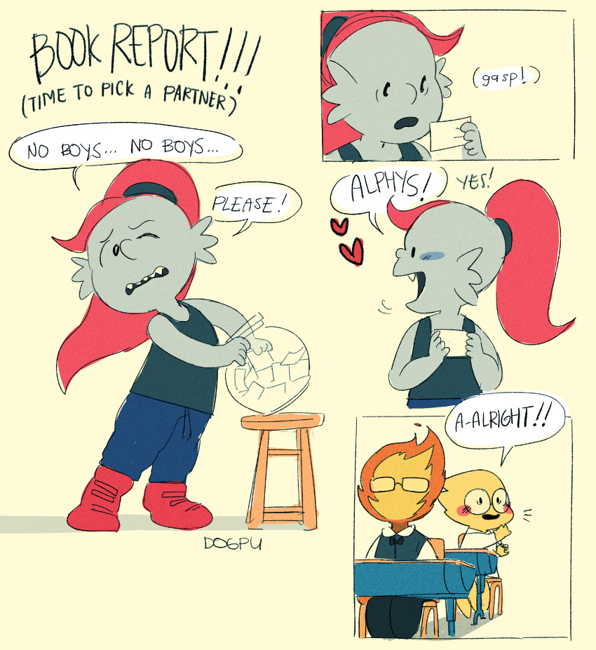 &lt;3 2016 absurd_res alphys anthro blush bowl chair class comic cub cute desk dialogue dogpu elemental english_text eyewear female female/female fire fire_elemental fish glasses grillby group hair hi_res holding_object lizard male marine paper peanuts ponytail red_hair reptile scalie solo_focus stool style_parody text undertale undyne video_games young