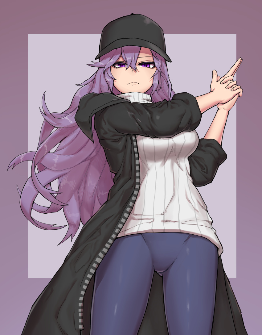 &gt;:( bangs baseball_cap black_hat black_jacket blue_pants breasts closed_mouth commission dungbae finger_gun hair_between_eyes hat highres jacket long_hair long_sleeves looking_at_viewer medium_breasts open_clothes open_jacket original pants purple_background purple_eyes purple_hair smile solo sweater tight tight_pants tsurime turtleneck turtleneck_sweater two-tone_background v-shaped_eyebrows