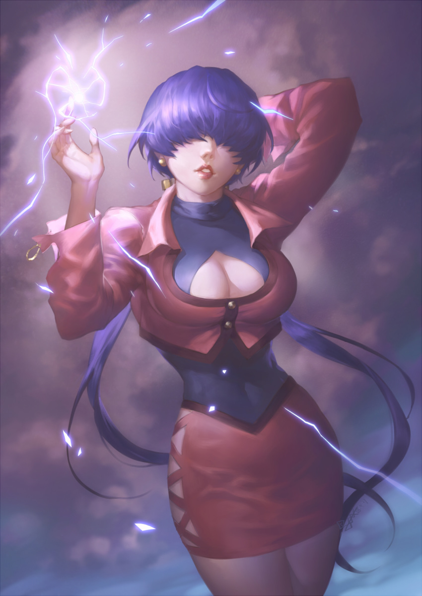 arm_behind_back arm_behind_head arm_up breasts cleavage cleavage_cutout covered_navel cropped_jacket dated earrings electricity facing_viewer hair_over_eyes highres jacket jewelry lips long_hair long_sleeves low_twintails medium_breasts orochi_shermie parted_lips pencil_skirt purple_hair red_jacket red_skirt shermie signature skin_tight skirt solo spade-m the_king_of_fighters twintails very_long_hair