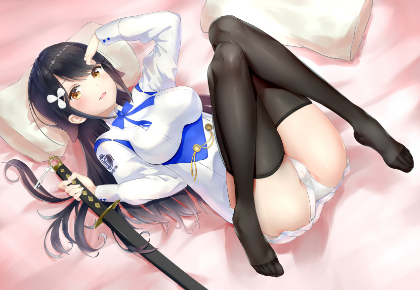 absurdres azur_lane bangs bed_sheet black_hair black_legwear blue_bow blue_neckwear bow bowtie breasts buttons cameltoe choukai_(azur_lane) collared_shirt derivative_work extra_ears floppy_ears from_above full_body hair_between_eyes hair_ornament hand_up head_on_pillow highres holding holding_sword holding_weapon kurumiiii large_breasts legs_up long_hair long_sleeves looking_at_viewer lying miniskirt on_back open_mouth panties pantyshot pantyshot_(lying) pillow pleated_skirt sheath sheathed shirt sidelocks skirt smile solo straight_hair swept_bangs sword thighhighs underwear weapon white_panties white_shirt white_skirt yellow_eyes