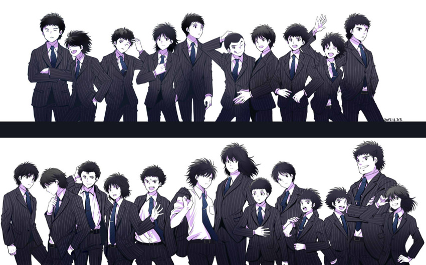 annotated aoi_shingou belt brothers captain_tsubasa formal hiro_(minorstar) hyuuga_kojirou ishizaki_ryou izawa_mamoru jitou_hiroshi kisugi_teppei lineup long_hair male_focus matsuyama_hikaru misaki_tarou misugi_jun morisaki_yuuzou multiple_boys necktie nitta_shun oozora_tsubasa pinstripe_suit sano_mitsuru sawada_takeshi scar short_hair siblings sorimachi_kazuki souda_makoto spiked_hair striped suit tachibana_kazuo tachibana_masao takasugi_shingou taki_hajime twins urabe_hanji very_short_hair wakabayashi_genzou wakashimazu_ken