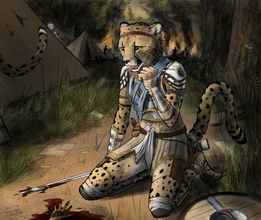 anthro armor blood cheetah crying death detailed_background feline fire fur grass kneeling male mammal melee_weapon orange_eyes solo spots spotted_fur sword tears tents titusw weapon