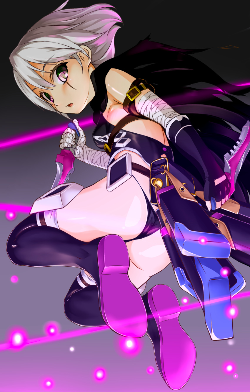 arm_belt armpit_crease ass back_cutout bandaged_arm bandages belt_pouch black_background black_cape black_footwear black_gloves black_panties boots breasts buckle cape commentary_request crop_top dagger dual_wielding eyebrows_visible_through_hair eyelashes fate/apocrypha fate_(series) fingerless_gloves from_behind full_body gloves gradient gradient_background grey_background grey_eyes hair_between_eyes hand_up highres holding holding_dagger holding_weapon jack_the_ripper_(fate/apocrypha) light_beam light_particles looking_at_viewer midair midriff open_mouth panties pouch scar sheath shiron_(e1na1e2lu2ne3ru3) short_hair small_breasts solo thigh_boots thighhighs thighs thong tongue torn_cape underwear unsheathed weapon white_hair