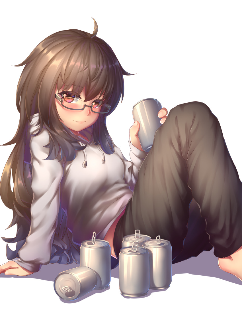 absurdres ahoge arm_support bangs barefoot beer_can black_pants blush can closed_mouth drawstring drunk eyebrows_visible_through_hair feet_out_of_frame glasses grey_sweater highres holding holding_can leaning_back lips long_hair long_sleeves nose_blush original pants ray_(pixiv9514208) red_eyes semi-rimless_eyewear shiny shiny_hair sitting sleeves_past_wrists smile solo sweater under-rim_eyewear very_long_hair