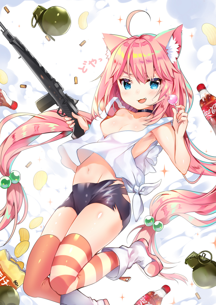 ahoge animal_ear_fluff animal_ears armpits bike_shorts blue_eyes boots bottle breasts candy cat_ears chips choker cola commentary_request explosive fang food grenade gun hair_bobbles hair_ornament highres hinata_channel jumping legs_up lollipop long_hair low_twintails midriff mismatched_legwear navel nekomiya_hinata open_mouth orange_legwear pink_hair potato_chips rifle ruger_mini-14 shell_casing short_shorts shorts small_breasts solo striped striped_legwear thighhighs torn_bike_shorts torn_clothes twintails usagihime very_long_hair vest virtual_youtuber weapon white_footwear white_vest wind wind_lift zipper