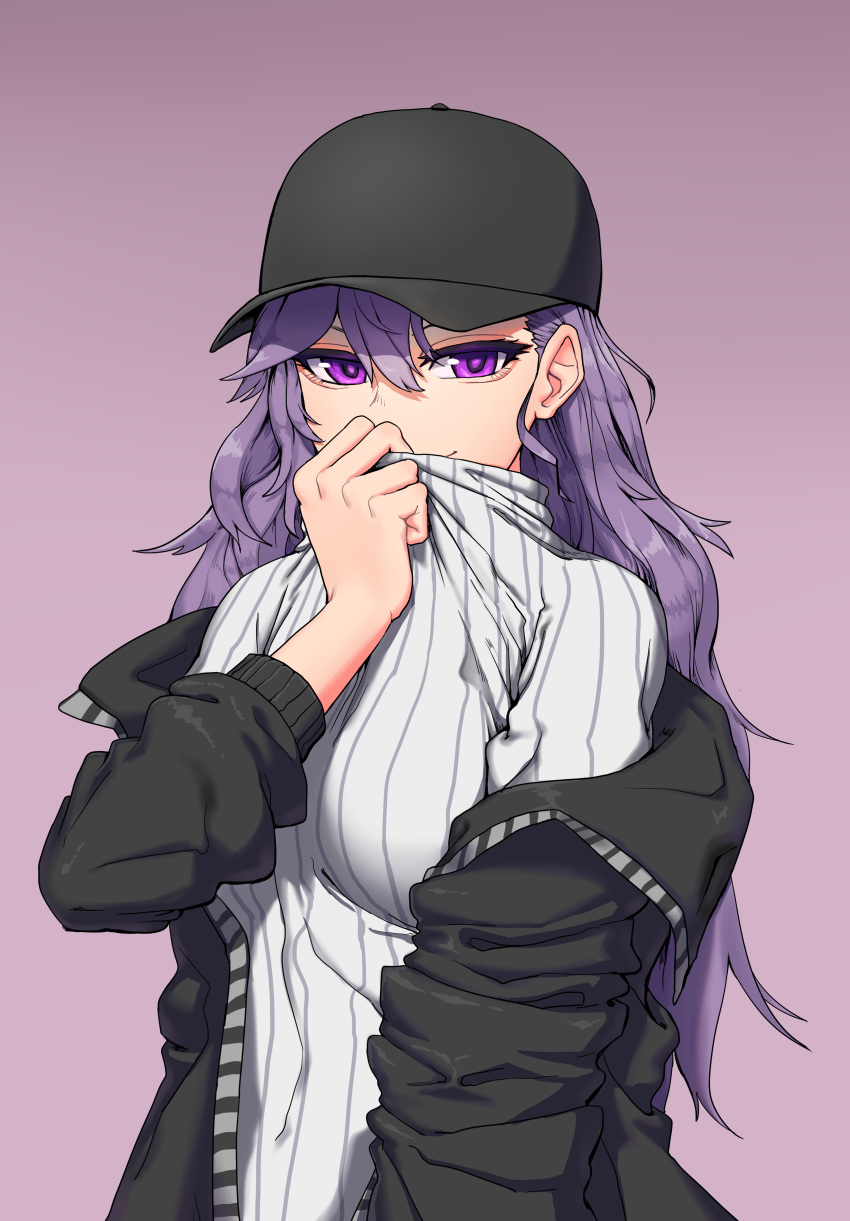 absurdres bags_under_eyes bangs baseball_cap black_hat black_jacket breasts closed_mouth commission covering_mouth dungbae hair_between_eyes hat highres jacket long_hair long_sleeves looking_at_viewer medium_breasts open_clothes open_jacket original purple_background purple_eyes purple_hair simple_background smile solo sweater tsurime turtleneck turtleneck_sweater