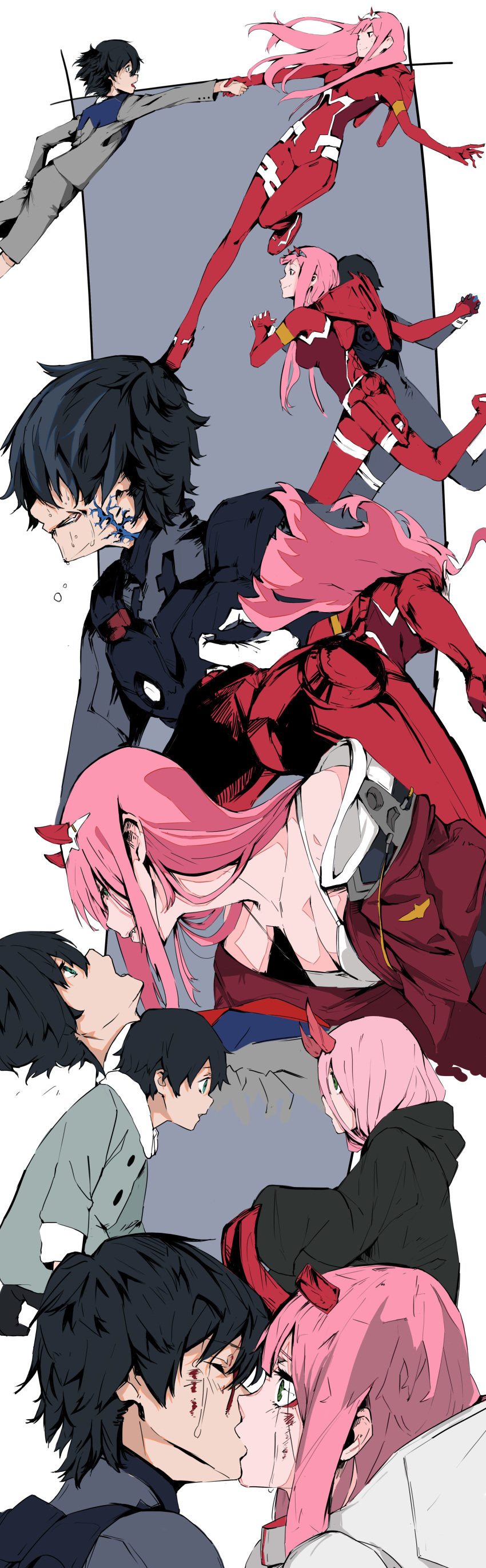 1girl absurdres ass asymmetrical_horns black_cloak black_hair cloak commentary_request couple darling_in_the_franxx error face-to-face grey_coat hairband hetero highres hiro_(darling_in_the_franxx) hood hooded_cloak horns kiss long_hair looking_at_another md5_mismatch oni_horns pilot_suit pink_hair red_horns touwaki14 white_hairband younger zero_two_(darling_in_the_franxx)
