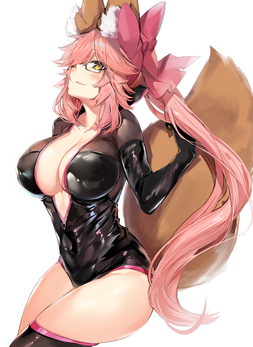 animal_ear_fluff animal_ears asymmetrical_legwear bangs black-framed_eyewear black_legwear black_leotard blush bow breasts brown_eyes catsuit center_opening cleavage collarbone commentary_request covered_navel covered_nipples cowboy_shot eyebrows_visible_through_hair fang fang_out fate/grand_order fate_(series) fox_ears fox_girl fox_tail glasses hair_bow hair_over_one_eye highres large_bow large_breasts leotard long_hair looking_at_viewer no_bra parted_lips pink_bow pink_hair ponytail semi-rimless_eyewear shiny shiny_clothes sidelocks silver_(chenwen) simple_background single_thighhigh smile solo swept_bangs tail tail_raised tamamo_(assassin)_(fate) tamamo_(fate)_(all) thighhighs thighs tsurime under-rim_eyewear very_long_hair white_background yellow_eyes