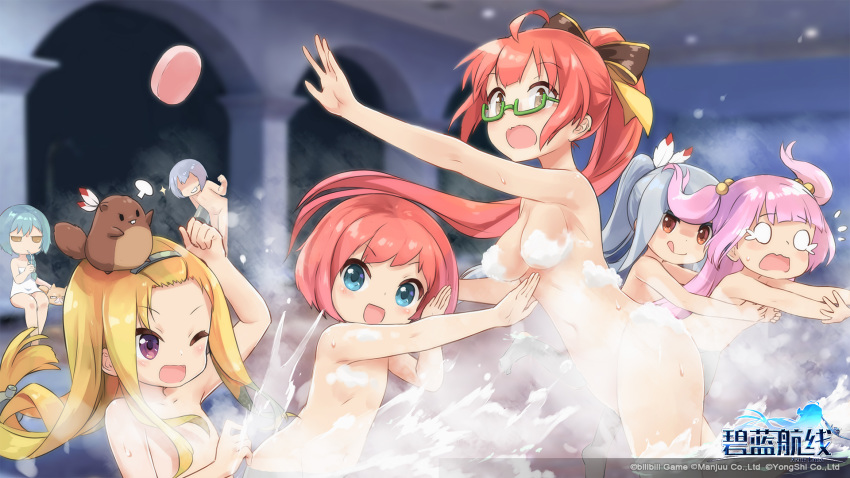 :d ;d ahoge animal animal_on_head aqua_hair artist_request aulick_(azur_lane) azur_lane bangs bangs_pinned_back bath bending_forward bent_over blonde_hair blue_eyes blurry blush bow braid breast_grab breasts brown_eyes bubble cat charles_ausburne_(azur_lane) chinese closed_mouth convenient_censoring copyright_name cup d: depth_of_field drink drinking drinking_straw eyebrows eyebrows_visible_through_hair feathers flat_chest fletcher_(azur_lane) floating_hair foote_(azur_lane) frown glasses grabbing grabbing_from_behind green-framed_eyewear grey_hair groin hair_bobbles hair_bow hair_feathers hair_ornament highres holding holding_cup lino-lin long_hair looking_at_viewer low-tied_long_hair medium_breasts multicolored_bow multiple_girls naked_towel navel no_nipples nude o_o official_art on_head one_eye_closed onsen open_mouth orange_eyes outstretched_arm outstretched_arms pillar pink_hair purple_eyes red_hair semi-rimless_eyewear shaded_face short_hair side_braid single_braid sitting smile soap soap_bubbles soap_censor sparkle spence_(azur_lane) splashing steam stomach straight_hair surprised tears thatcher_(azur_lane) tongue towel two_side_up under-rim_eyewear v-shaped_eyebrows very_long_hair water watermark wavy_mouth william_d._porter_(azur_lane) yuri