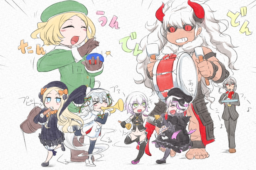 &gt;_&lt; 2boys 5girls :d ^_^ abigail_williams_(fate/grand_order) absurdly_long_hair ahoge antonio_salieri_(fate/grand_order) arm_up asterios_(fate/grand_order) bandaged_arm bandages bangs bare_shoulders barefoot bell beret black_bow black_dress black_footwear black_gloves black_hat black_legwear black_panties black_sclera black_shirt blonde_hair bloomers blue_eyes blush blush_stickers boots bow brown_footwear brown_gloves bug butterfly closed_eyes closed_mouth curled_horns doll_joints dress drum drumsticks eighth_note elbow_gloves eyebrows_visible_through_hair facial_scar fate/extra fate/grand_order fate_(series) formal giant giantess gloves gothic_lolita green_bow green_eyes green_hat green_jacket green_ribbon grey_jacket grey_pants groin hair_between_eyes hair_bow hat headpiece highres holding holding_bell holding_instrument horns insect instrument jack_the_ripper_(fate/apocrypha) jacket jeanne_d'arc_(fate)_(all) jeanne_d'arc_alter_santa_lily jitome keyboard_(instrument) lolita_fashion long_hair long_sleeves mary_janes melodica multiple_boys multiple_girls music musical_note navel neon-tetora nursery_rhyme_(fate/extra) open_mouth orange_bow panties pants pantyhose parted_bangs paul_bunyan_(fate/grand_order) pinstripe_suit playing_instrument pleated_dress puffy_short_sleeves puffy_sleeves red_eyes red_scarf ribbon scar scar_across_eye scar_on_cheek scarf shirt shoes short_sleeves shoulder_tattoo silver_hair sleeveless sleeveless_shirt sleeves_past_fingers sleeves_past_wrists smile standing standing_on_one_leg striped striped_bow striped_ribbon suit tattoo thighhighs toenails trumpet un_tan underwear very_long_hair white_bloomers white_dress white_footwear white_hair