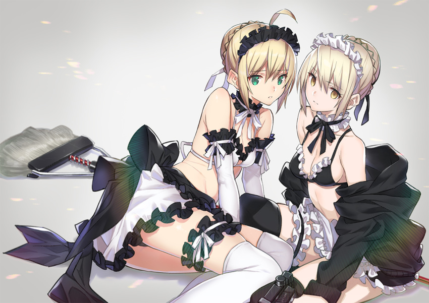 ahoge apron artoria_pendragon_(all) artoria_pendragon_(swimsuit_rider_alter) black_panties blank_eyes blonde_hair braid breasts choker cleavage commentary_request crown_braid fate/grand_order fate_(series) frills green_eyes hair_bun hair_ribbon jacket leg_garter looking_at_viewer maid_headdress mop multiple_girls off_shoulder open_clothes open_jacket panties parted_lips ribbon saber saber_alter saitou_masatsugu short_hair sitting small_breasts thighhighs underwear waist_apron white_legwear yellow_eyes yokozuwari