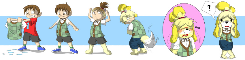 2014 ? animal_crossing anthro barefoot blonde_hair brown_hair canine clenched_teeth clothed clothing dog female footwear gender_transformation hair human human_to_anthro isabelle_(animal_crossing) looking_at_viewer male mammal mtf_transformation nintendo open_mouth pants sequence shih_tzu shirt shoes short_hair simple_background smile solo standing surprise tail_growth teeth tfsubmissions transformation video_games villager_(animal_crossing)