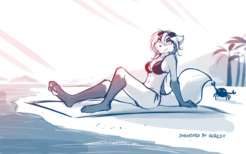 16:10 2018 anthro arthropod beach bikini breasts canine chest_tuft cleavage clothed clothing clovis_(twokinds) crab crossgender crustacean digitigrade eyewear female feral fox gloves_(marking) hi_res hybrid keidran leaning leaning_back looking_at_viewer lounging mammal marine markings midriff monochrome outside pawpads seaside side_view simple_background sitting sketch skimpy smile smirk socks_(marking) solo sunglasses swimsuit tom_fischbach tuft twokinds water webcomic white_background wolf