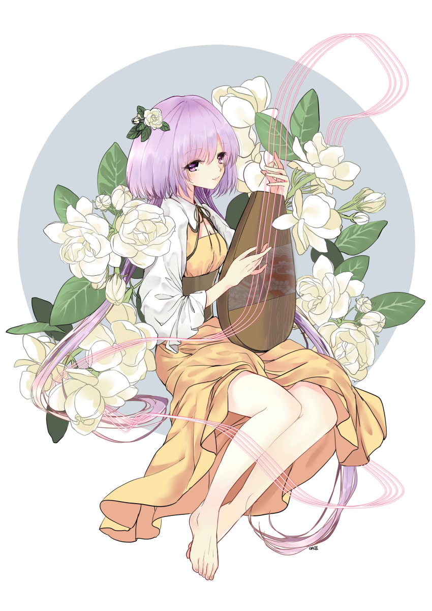 absurdres barefoot biwa_lute commentary_request double_dealing_character dress flower highres hysteria instrument lute_(instrument) music playing_instrument purple_eyes purple_hair solo touhou tsukumo_benben