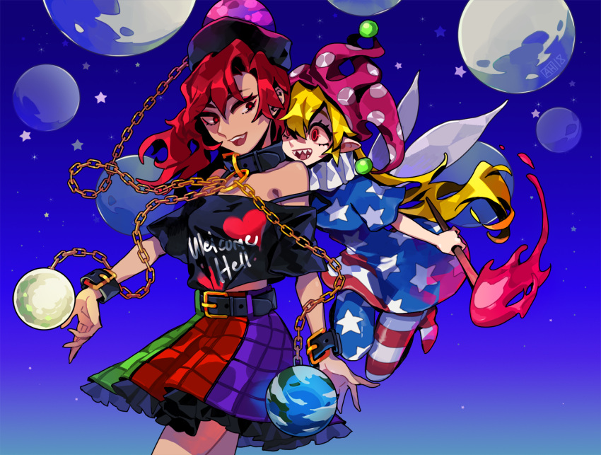 american_flag_dress american_flag_legwear arlmuffin bare_shoulders belt black_shirt blonde_hair blue_background chain clothes_writing clownpiece collar crazy_eyes dress earth_(ornament) fairy_wings fire gradient gradient_background hat hecatia_lapislazuli holding jester_cap long_hair moon_(ornament) multicolored multicolored_clothes multicolored_skirt multiple_girls neck_ruff off-shoulder_shirt open_mouth pantyhose pointy_ears polka_dot polos_crown red_eyes red_hair sharp_teeth shirt short_dress skirt smile star star_print strap_slip striped striped_legwear t-shirt teeth torch touhou wings