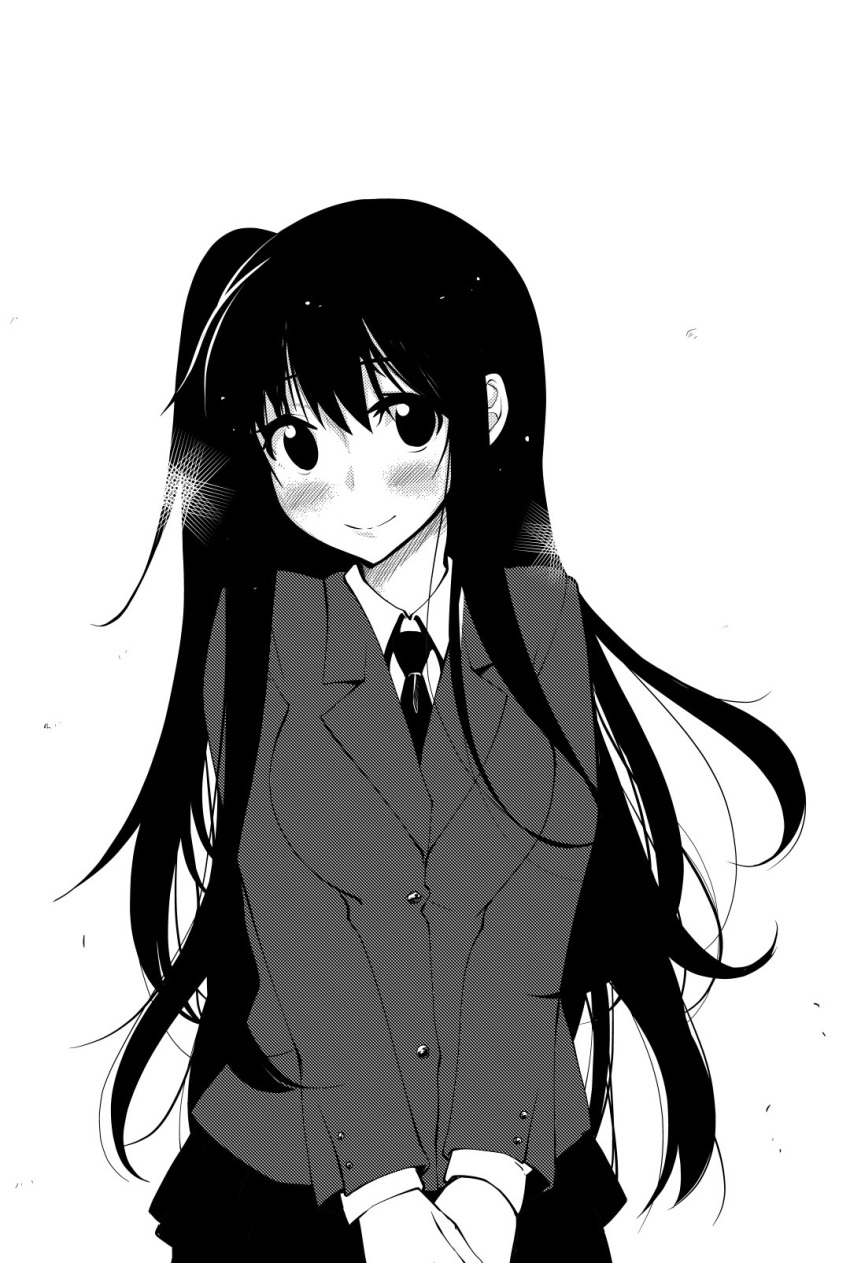 akino_sora bangs blush breast_squeeze breasts closed_mouth collared_shirt copyright_request greyscale highres jacket long_sleeves looking_at_viewer monochrome necktie one_side_up school_uniform shirt simple_background skirt smile solo standing unmoving_pattern v_arms white_background wing_collar