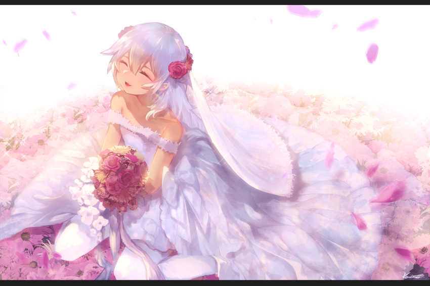 :d alternate_costume alternate_hairstyle azur_lane bangs bare_shoulders blush bouquet bridal_veil closed_eyes commentary_request dress flower flower_bed hair_between_eyes hair_flower hair_ornament happy highres holding holding_bouquet karinto_yamada laffey_(azur_lane) layered_dress letterboxed long_hair looking_up messy_hair off-shoulder_dress off_shoulder open_mouth petals pink_flower pink_rose purple_flower purple_rose red_flower red_rose rose sidelocks signature silver_hair sitting smile solo veil very_long_hair wedding_dress white_background white_dress white_flower white_legwear yokozuwari