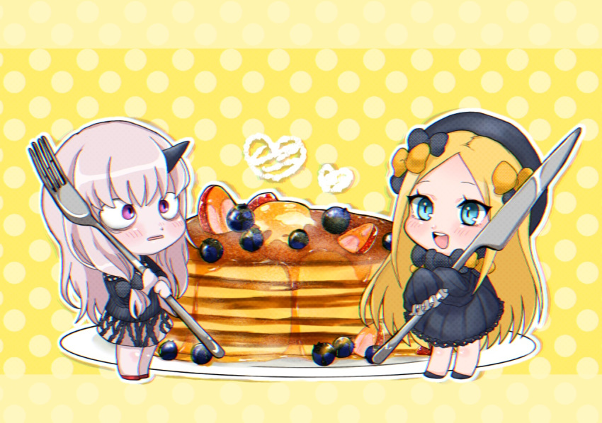 abigail_williams_(fate/grand_order) bags_under_eyes bangs black_bow black_dress black_footwear black_hat blonde_hair blue_eyes blueberry blush bow bug butterfly chibi chromatic_aberration commentary dress fate/grand_order fate_(series) food forehead fork fruit gaota hair_bow hat heart holding holding_fork holding_knife horn insect knife lavinia_whateley_(fate/grand_order) long_hair long_sleeves multiple_girls orange_bow oversized_object pancake parted_bangs plate polka_dot polka_dot_background polka_dot_bow purple_eyes red_footwear sleeves_past_fingers sleeves_past_wrists stack_of_pancakes standing syrup upper_teeth very_long_hair yellow_background