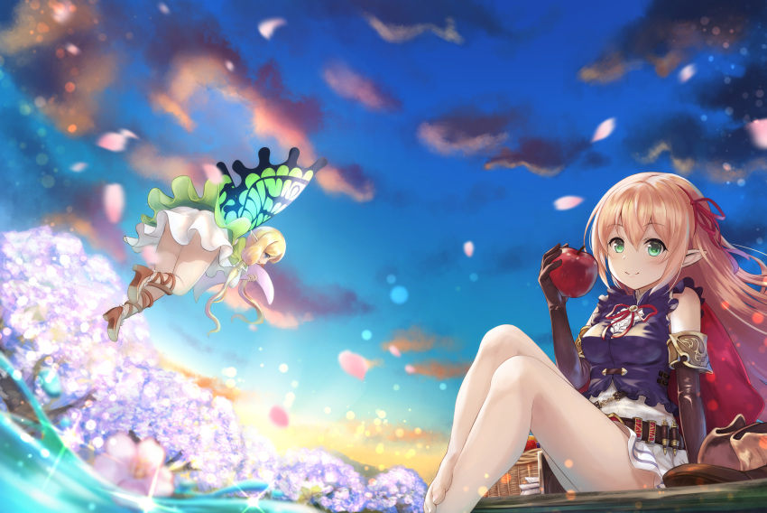 absurdres apple arisa_(shadowverse) bangs bare_legs barefoot black_shirt blonde_hair blue_eyes blue_sky blurry blurry_foreground blush boots_removed brown_footwear brown_gloves cherry_blossoms cloud commentary_request day depth_of_field dress elbow_gloves eyebrows_visible_through_hair fairy fairy_wings flower food fruit gloves green_eyes hair_between_eyes hair_ribbon high_heels highres holding holding_food long_hair low_twintails multiple_girls outdoors petals pleated_skirt purple_flower red_apple red_ribbon ribbon shadowverse shirt sidelocks skirt sky sleeveless sleeveless_shirt spring_(season) toenails tree twintails very_long_hair water white_dress white_skirt wings yuririn_poi