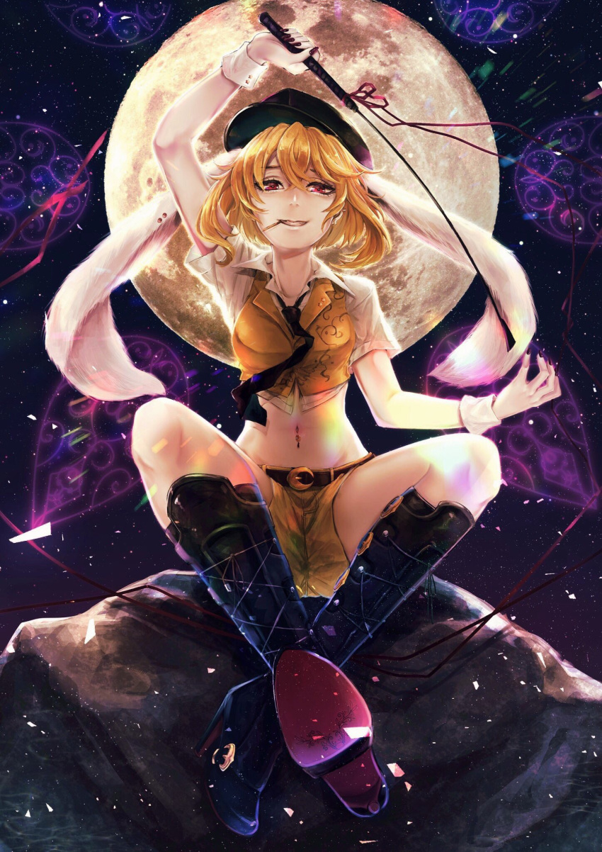 adapted_costume animal_ears arm_up bangs black_footwear black_hat black_nails black_neckwear blonde_hair boots bunny_ears collared_shirt commentary_request crescent crop_top fingernails floppy_ears full_body full_moon hair_between_eyes hat highres holding kyogoku-uru long_fingernails midriff moon mouth_hold nail_polish navel navel_piercing necktie nose piercing red_eyes red_ribbon ribbon ringo_(touhou) rock shirt shoe_soles short_shorts short_sleeves shorts sitting solo toothpick touhou whip white_shirt wing_collar wrist_cuffs yellow_shorts