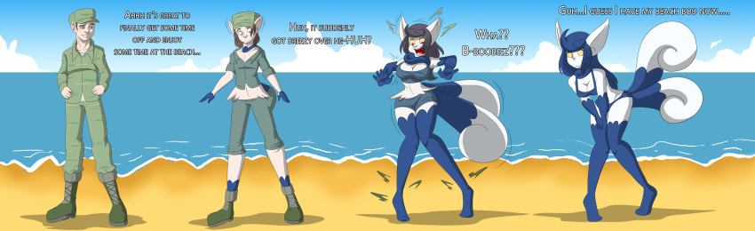 2017 anthro beach bikini blue_hair breast_expansion breasts clothing dialogue english_text female footwear gender_transformation hair hat human human_to_anthro legwear long_hair male mammal meowstic mtf_transformation multi_tail nintendo open_mouth outside pants pok&eacute;mon pok&eacute;mon_(species) seaside sequence shirt shocked shoes smile solo standing stockings surprise swimsuit tail_growth text tfsubmissions transformation video_games yellow_sclera