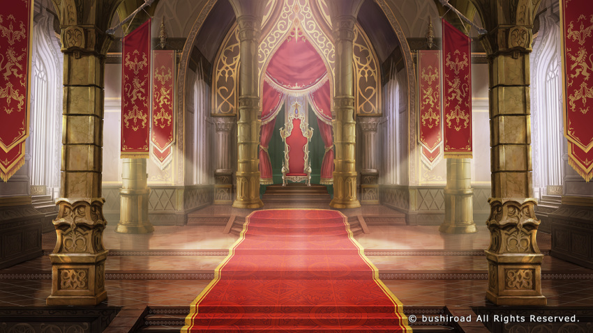 castle column curtains fantasy granadia_saga indoors no_humans official_art pillar red_carpet scenery shiki_makoto stairs sunlight throne throne_room watermark