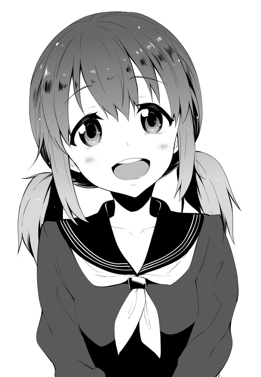 :d akino_sora bangs blush eyebrows_visible_through_hair greyscale head_tilt highres katayama_minami long_sleeves looking_at_viewer low_twintails monochrome neckerchief open_mouth round_teeth school_uniform serafuku simple_background smile solo teeth twintails upper_body wake_up_girls! white_background