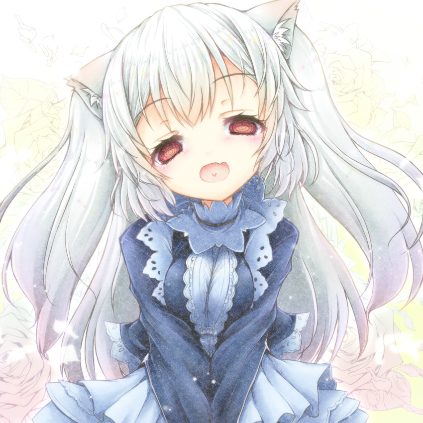 :d animal_ear_fluff animal_ears ass bangs blue_dress blush breast_squeeze breasts cat_ears dress empty_eyes eyebrows eyebrows_visible_through_hair eyelashes fang floral_background flower head_tilt heart heart_in_mouth highres kinoeda leaf long_hair long_sleeves looking_at_viewer nora_cat nora_cat_channel open_mouth red_eyes rose small_breasts smile solo traditional_media two_side_up upper_body v_arms virtual_youtuber white_hair