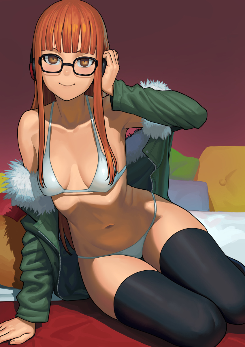 absurdres arm_support arm_up armpits bangs bikini black-framed_eyewear black_legwear blunt_bangs breasts brown_eyes fur_trim gumroad_reward hand_on_headwear headphones highres jacket lasterk long_hair looking_at_viewer navel off_shoulder on_bed open_clothes open_jacket orange_hair paid_reward persona persona_5 sakura_futaba sidelocks sitting small_breasts smile solo stomach swimsuit thighhighs white_bikini yokozuwari