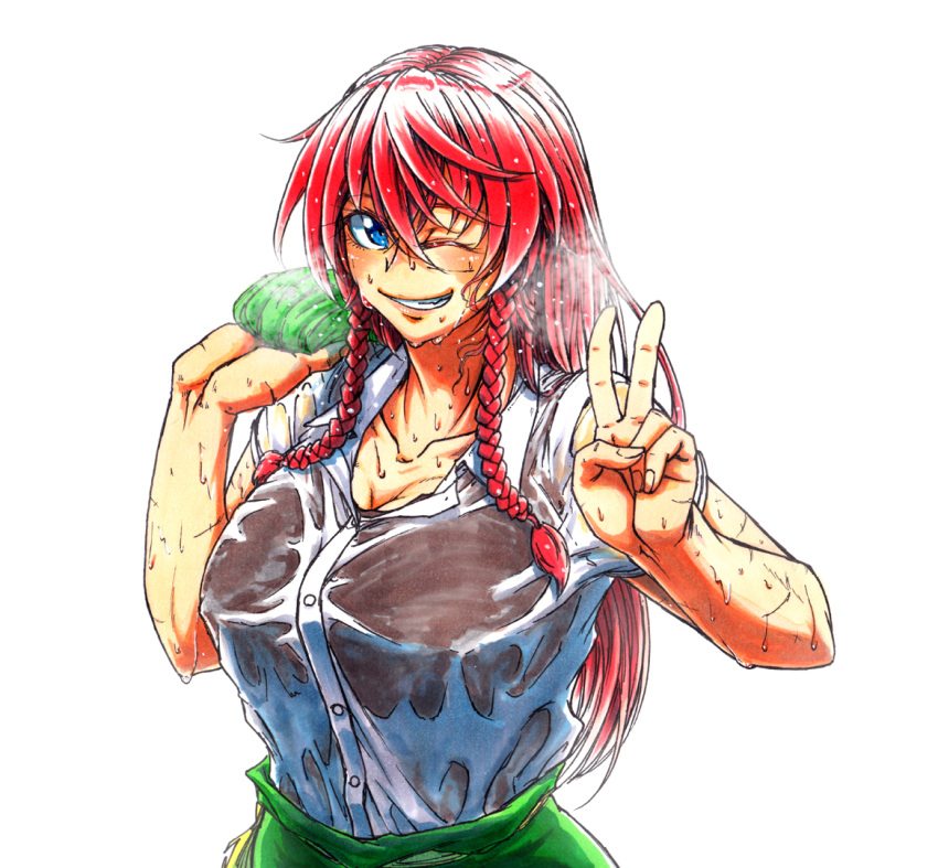 blue_eyes braid commentary_request green_vest hong_meiling koyubi_(littlefinger1988) one_eye_closed red_hair scar see-through shirt simple_background smile sweat touhou twin_braids v vest wet wet_clothes wet_shirt white_background white_shirt