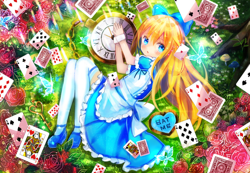 alice_(wonderland) alice_in_wonderland animal apron bangs blonde_hair blue_bow blue_dress blue_eyes blue_footwear blush bow bug butterfly card club_(shape) commentary_request day diamond_(shape) dress eat_me eyebrows_visible_through_hair flower frilled_dress frilled_skirt frills from_above hair_between_eyes hair_bow heart highres insect key kohaku_muro long_hair looking_at_viewer looking_to_the_side looking_up lying maid_apron mary_janes on_side original outdoors parted_lips pink_flower pink_rose playing_card pocket_watch puffy_short_sleeves puffy_sleeves red_flower red_rose roman_numerals rose shoes short_sleeves skirt solo spade_(shape) sunlight thighhighs very_long_hair watch white_apron white_legwear wrist_cuffs
