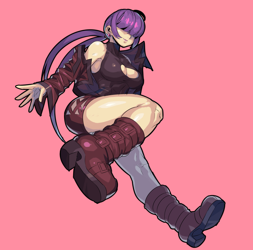 absurdres ahoge bare_shoulders black_halter_top boots breasts cleavage_cutout cropped_jacket earrings fengmo full_body hair_over_eyes halter_top halterneck highres jacket jewelry large_breasts lips long_hair miniskirt orochi_shermie pink_background pink_earrings purple_footwear purple_jacket purple_skirt red_footwear red_jacket red_skirt shermie sidelocks simple_background skirt sleeveless solo the_king_of_fighters twintails very_long_hair