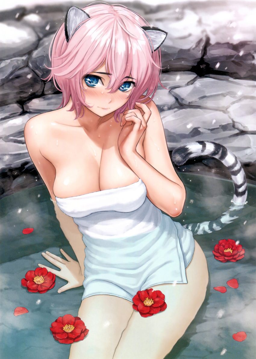 3: absurdres animal_ears arm_support bangs bare_shoulders blue_eyes blush breasts camellia cleavage collarbone flower hair_between_eyes highres homunculus_(artist) large_breasts lips looking_at_viewer naked_towel navel partially_submerged petals pink_hair scan short_hair sitting solo tail tiger_ears tiger_tail toranoana towel water wet