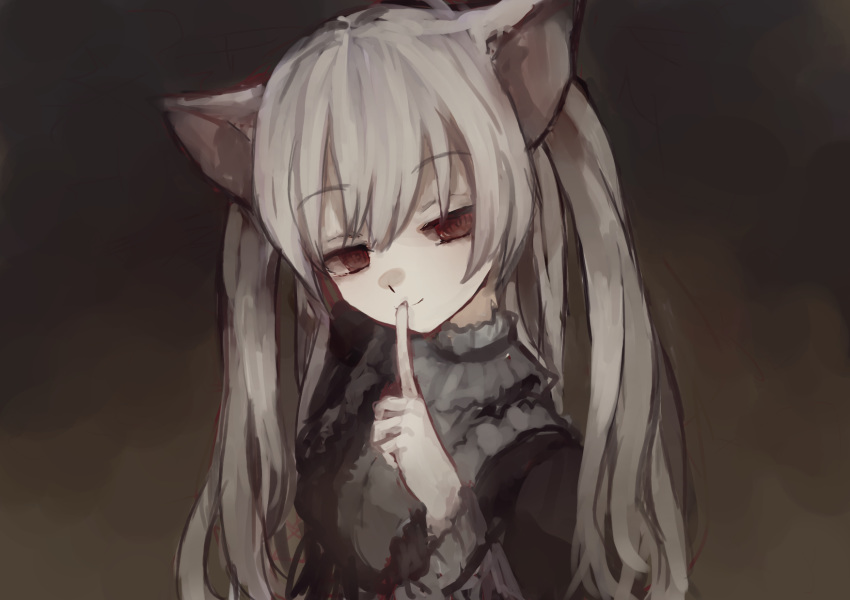 al_bhed_eyes animal_ears bangs black_dress cat_ears closed_mouth dress empty_eyes eyebrows eyebrows_visible_through_hair hair_between_eyes hand_up highres index_finger_raised long_hair long_sleeves nora_cat nora_cat_channel red_eyes smile solo two_side_up upper_body virtual_youtuber white_hair yagumi_(1174-w)