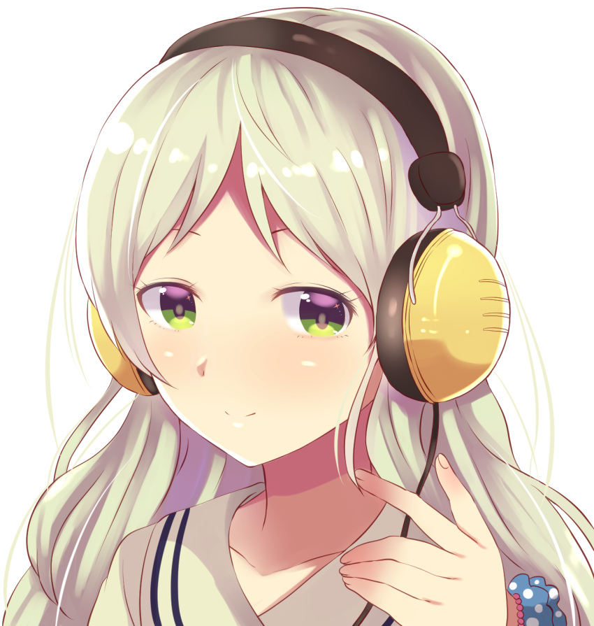 bangs blush closed_mouth collarbone fingernails green_eyes green_hair hand_up handa_roko headphones highres idolmaster idolmaster_million_live! looking_at_viewer owafu parted_bangs sailor_collar shirt simple_background smile solo white_background white_sailor_collar white_shirt