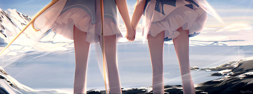 bare_legs blue_dress blue_sky cirno commentary daiyousei day dress fairy_wings from_behind frozen_lake holding_hands interlocked_fingers kyuri_tizu lake layered_dress multiple_girls outdoors short_dress sky standing touhou transparent_wings wings winter yuri