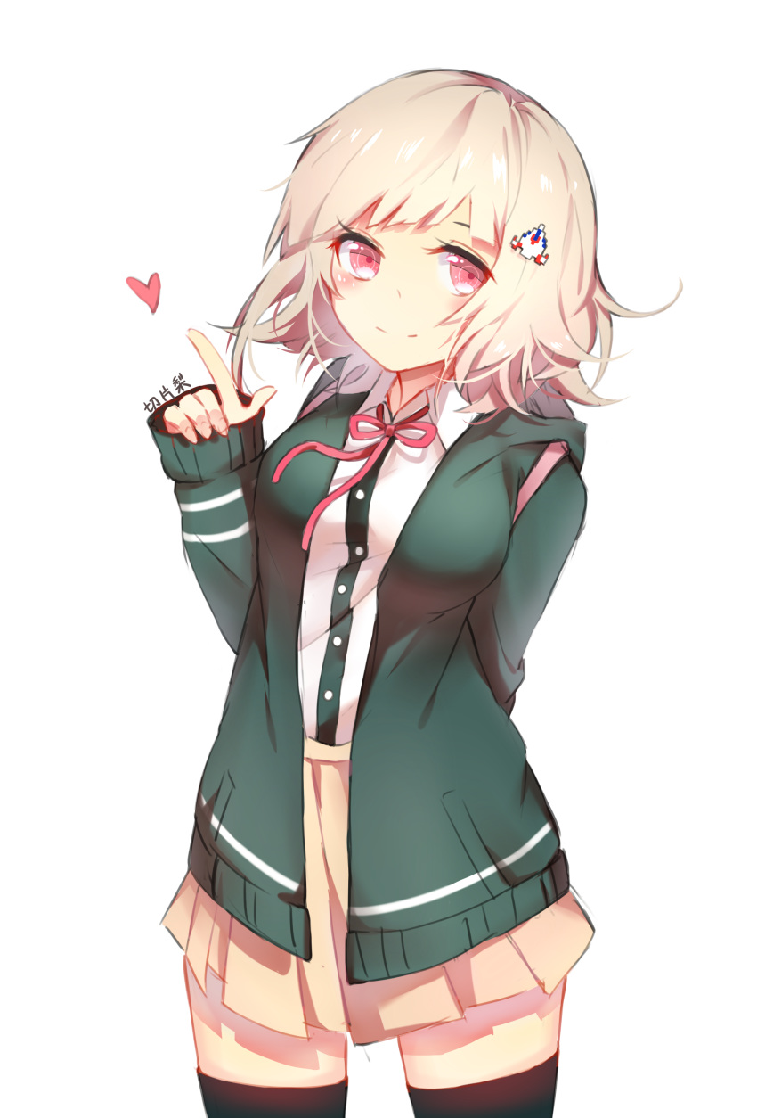 1girl 277114602 absurdres bag bangs blush breasts closed_mouth commentary_request danganronpa eyebrows_behind_hair flipped_hair hair_ornament hairpin heart highres hood hoodie large_breasts leggings light_brown_hair looking_at_viewer medium_hair nanami_chiaki pink_eyes pointing school_uniform simple_background skirt smile super_danganronpa_2 translation_request white_background