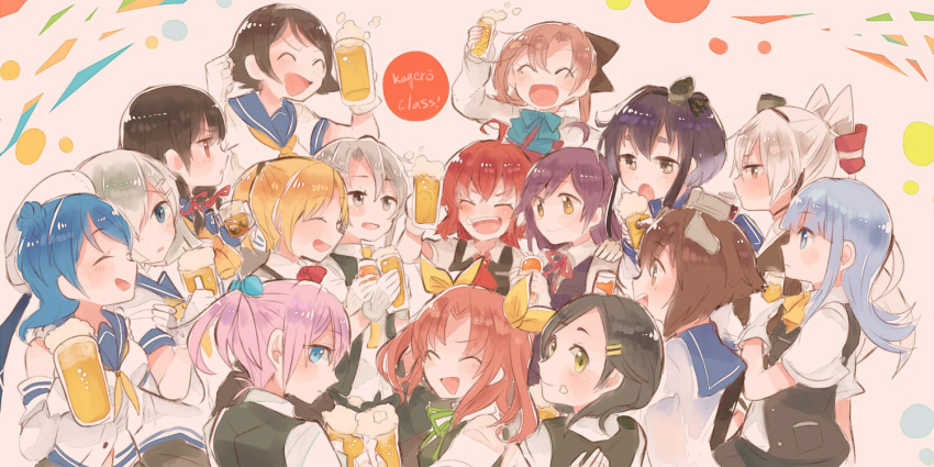 :d :o ^_^ ahoge akigumo_(kantai_collection) alcohol amatsukaze_(kantai_collection) arashi_(kantai_collection) balloon bangs beer beer_mug beret black_hair blonde_hair blue_eyes blue_hair blush brown_eyes brown_hair celebration closed_eyes commentary_request confetti drinking elbow_gloves expressionless foam gloves green_eyes green_ribbon grey_eyes hagikaze_(kantai_collection) hair_bun hair_ornament hair_ribbon hairclip hamakaze_(kantai_collection) hat hatsukaze_(kantai_collection) headband holding isokaze_(kantai_collection) itomugi-kun kagerou_(kantai_collection) kantai_collection kuroshio_(kantai_collection) long_hair looking_at_viewer looking_back maikaze_(kantai_collection) mole mole_under_eye multicolored_hair multiple_girls neck_ribbon necktie nowaki_(kantai_collection) open_mouth orange_hair pink ponytail purple_hair red_ribbon ribbon shiranui_(kantai_collection) short_hair short_sleeves sidelocks silver_hair sketch smile tanikaze_(kantai_collection) tokitsukaze_(kantai_collection) tress_ribbon twintails uniform urakaze_(kantai_collection) vest whiskey white_gloves white_hair windsock wine yellow_eyes yellow_neckwear yellow_ribbon yukikaze_(kantai_collection)