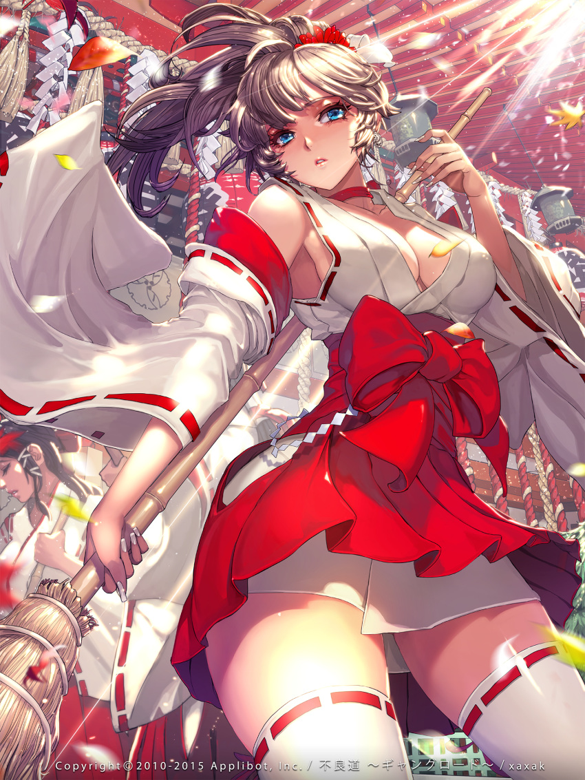 ass_visible_through_thighs bamboo_broom black_hair blue_eyes breasts broom brown_hair choker cleavage cowboy_shot detached_sleeves earrings fingernails furyou_michi_~gang_road~ hakama_skirt highres japanese_clothes jewelry kouhaku_nawa large_breasts leaf light_particles light_rays lips long_hair long_sleeves looking_at_viewer maple_leaf miko motion_blur multiple_girls nail_polish nontraditional_miko official_art parted_lips revealing_clothes ribbon-trimmed_legwear ribbon-trimmed_sleeves ribbon_trim shide shiny shiny_hair shrine solo_focus standing thighhighs thighs underwear white_legwear white_nails wide_sleeves wind xaxak