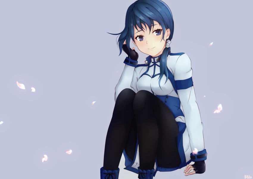 black_gloves black_legwear blue_eyes blue_footwear blue_hair breasts cherry_blossoms commentary_request corset dress fingerless_gloves gloves hai_to_gensou_no_grimgar hair_tucking highres legs_together long_hair merry_(grimgar) mikotte on_ground pantyhose simple_background sitting smile solo tied_hair white_dress