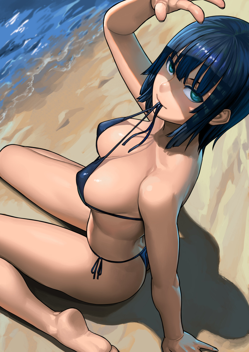 absurdres arm_support ass bangs barefoot bikini black_bikini blue_eyes blue_hair blunt_bangs breasts cleavage collarbone covering_face from_above fubuki_(one-punch_man) gumroad_reward highres large_breasts lasterk looking_at_viewer looking_up mouth_hold ocean on_ground one-punch_man paid_reward sand shadow shiny shiny_hair shore short_hair sitting soles solo sunlight swimsuit tsurime wariza water