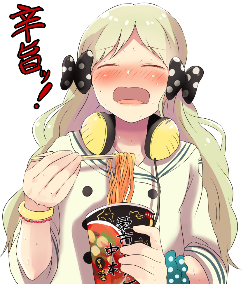 bangle black_bow blue_scrunchie blush bow bracelet chopsticks closed_eyes cup_ramen facing_viewer food green_hair hair_bow hair_ribbon handa_roko headphones headphones_around_neck highres holding holding_chopsticks idolmaster idolmaster_million_live! jewelry long_hair long_sleeves noodles nose_blush open_mouth owafu polka_dot polka_dot_bow polka_dot_scrunchie polka_dot_wristband ribbon sailor_collar scrunchie shirt simple_background sleeves_pushed_up solo spicy sweat translation_request very_long_hair white_background white_sailor_collar white_shirt wrist_scrunchie