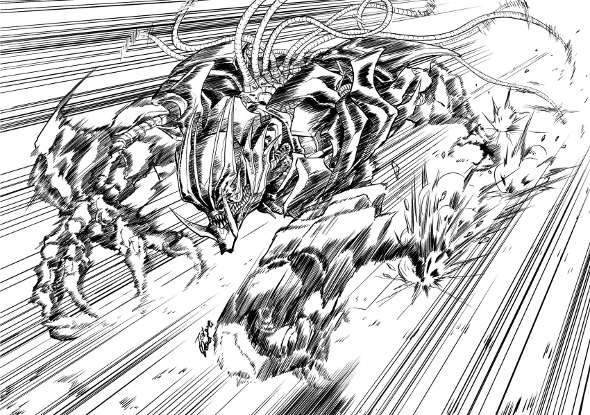 commentary_request crowbar_(transformers) decepticon full_body greyscale highres lineart monochrome no_humans oohara_tetsuya running smile solo tentacles transformers