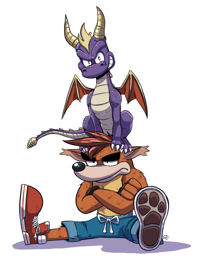 angry anthro bandicoot barefoot bootythug claws clothed clothing crash_bandicoot crash_bandicoot_(series) cute dragon feral footwear fur gloves hair hi_res horn looking_at_viewer male mammal marsupial nude on_ground on_top pants purple_skin scales scalie sharp_claws shoes sitting smile spyro spyro_the_dragon teeth toe_claws topless video_games western_dragon wings